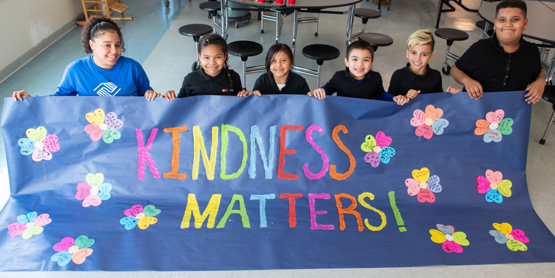 Boys & Girls Club of Hartford, PHOTO kids with Kindness Matters banner