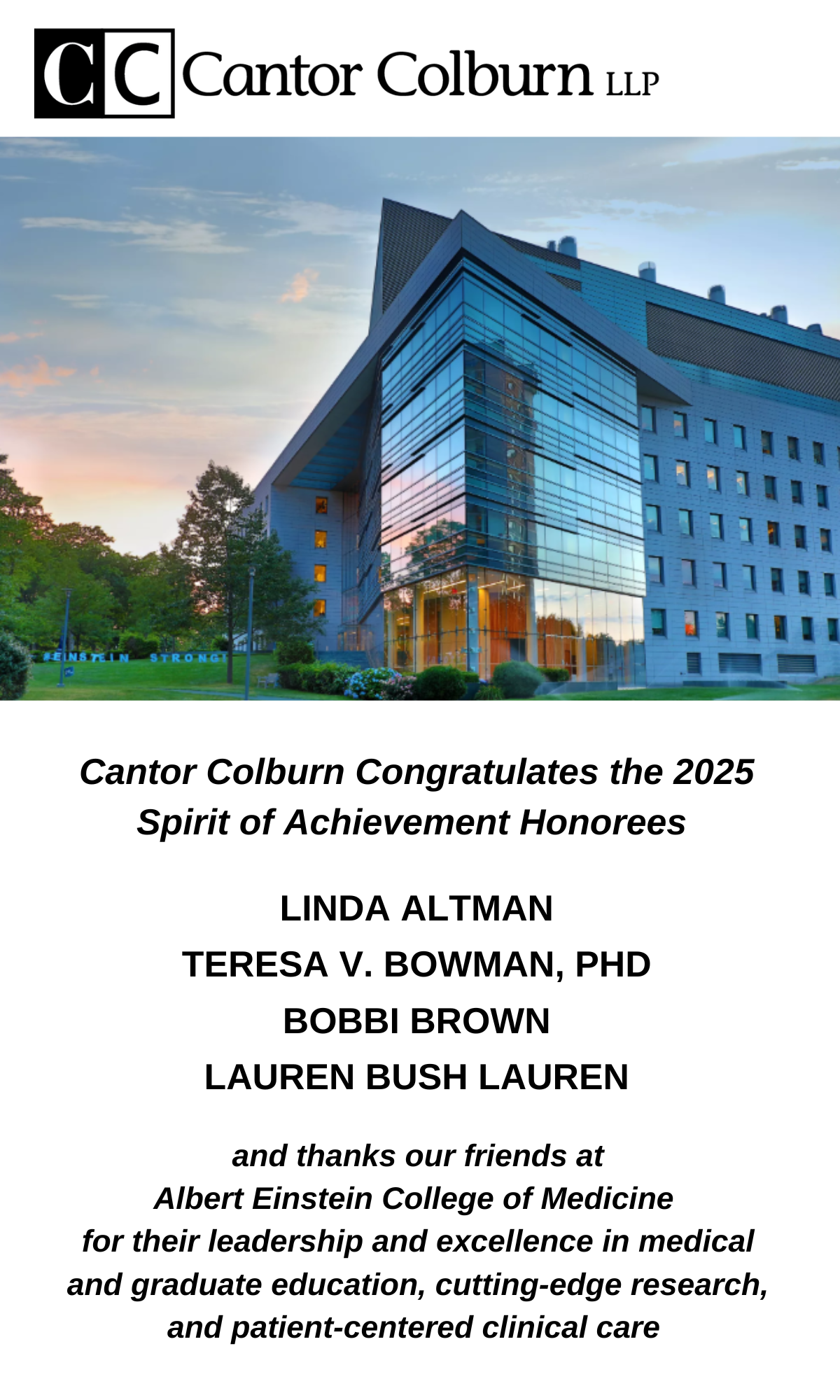 Cantor Colburn is proud to sponsor the Albert Einstein College of Medicine’s Spirit of Achievement Luncheon